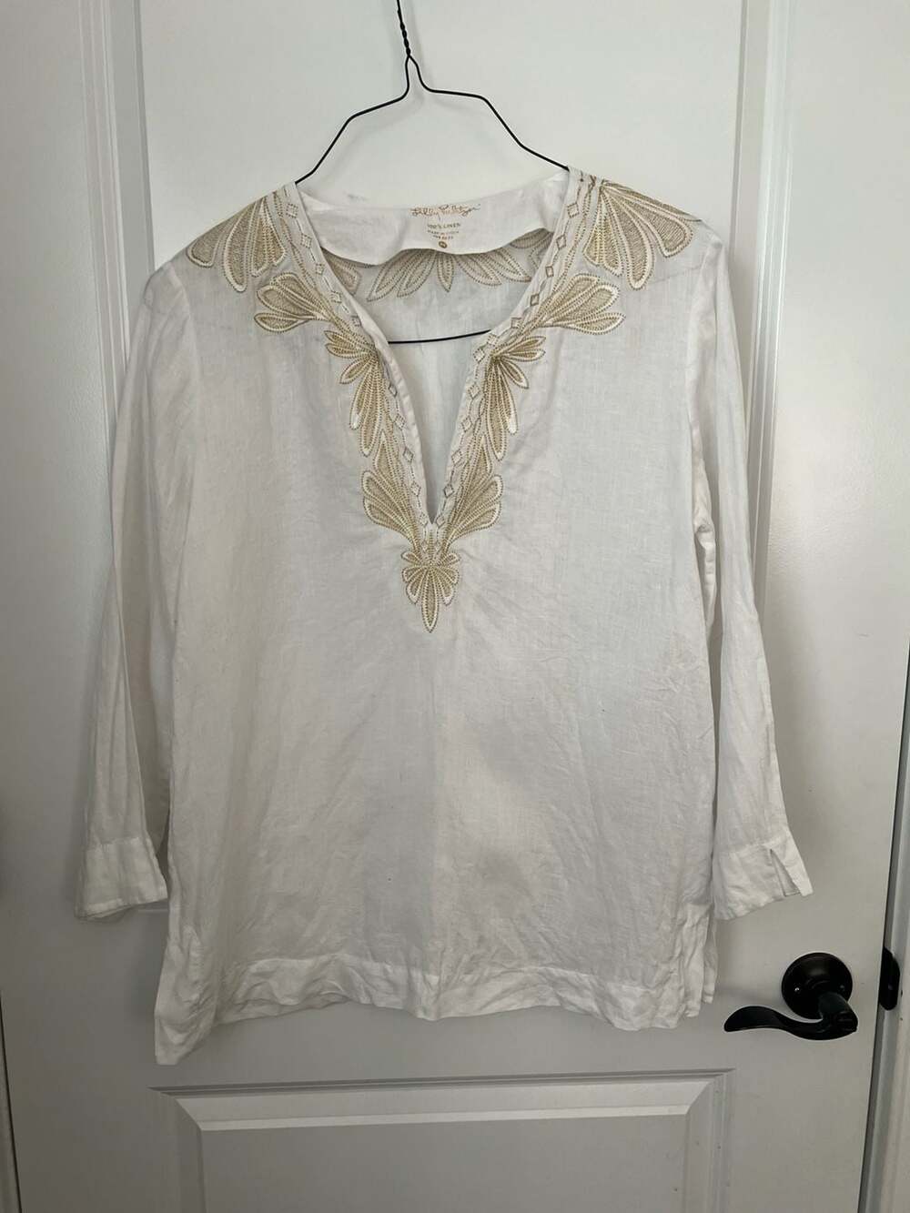 Lilly Pulitzer White 100% Linen Gold Embroidered V-Neck Tunic Top